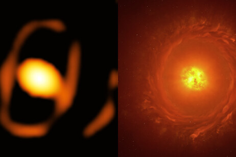 Da sinistra: la foro della stella WOH G64 e una sua rappresentazione artistica (fonte: ESO/K. Ohnaka et al., L. Calçada)