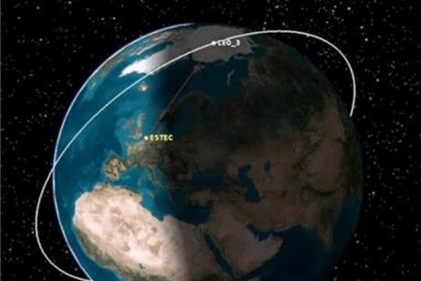 Rappresentazione grafica del primo esperimento di connessione 5G fra il satellite Leo 3 in orbita bassa e il centro Estec dell'Esa (fonte: ESA)