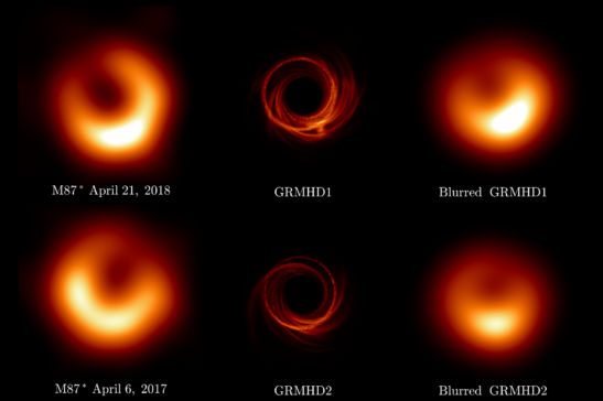 A sinistra le immagini del buco nero M87* osservate nel 2017 e nel 2018, al centro e a destra simulazioni (EHT Collaboration)