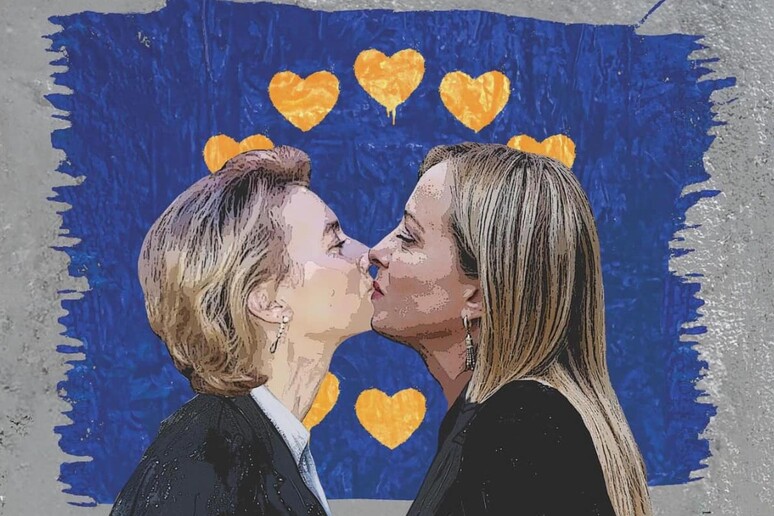 Il bacio tra Giorgia Meloni e Ursula von der Leyen nel nuovo murale di TvBoy - RIPRODUZIONE RISERVATA