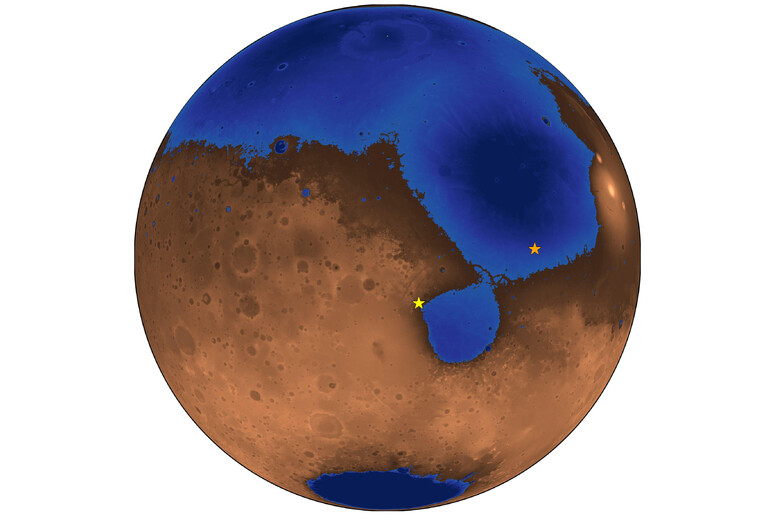 Marte potrebbe aver avuto questo aspetto 3,6 miliardi di anni fa. Le stelle indicano le posizioni dei rover Zhurong (arancione) e Perseverance (giallo) (fonte:&amp;nbsp;Robert Citron) - RIPRODUZIONE RISERVATA